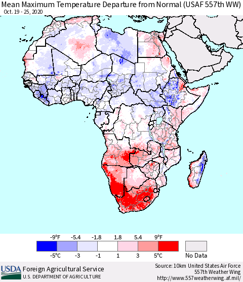 Africa Mean Maximum Temperature Departure from Normal (USAF 557th WW) Thematic Map For 10/19/2020 - 10/25/2020