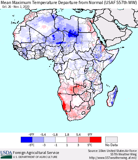Africa Mean Maximum Temperature Departure from Normal (USAF 557th WW) Thematic Map For 10/26/2020 - 11/1/2020