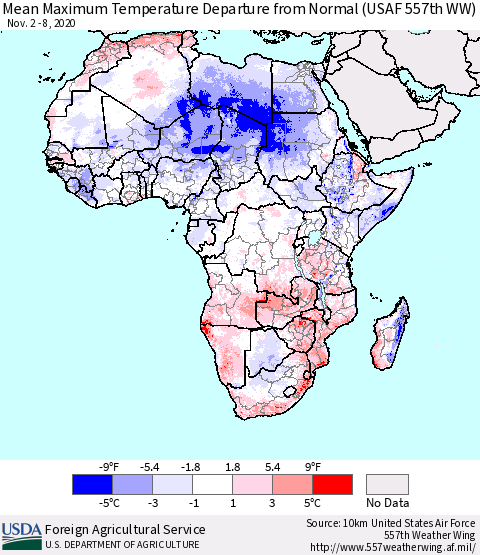 Africa Mean Maximum Temperature Departure from Normal (USAF 557th WW) Thematic Map For 11/2/2020 - 11/8/2020