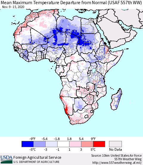 Africa Mean Maximum Temperature Departure from Normal (USAF 557th WW) Thematic Map For 11/9/2020 - 11/15/2020