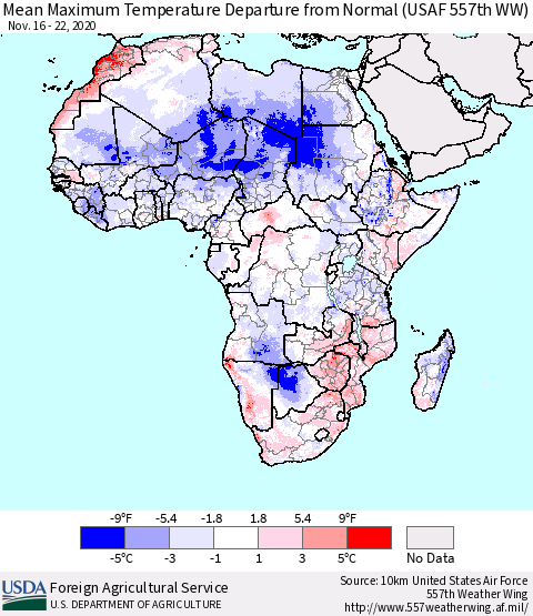 Africa Mean Maximum Temperature Departure from Normal (USAF 557th WW) Thematic Map For 11/16/2020 - 11/22/2020