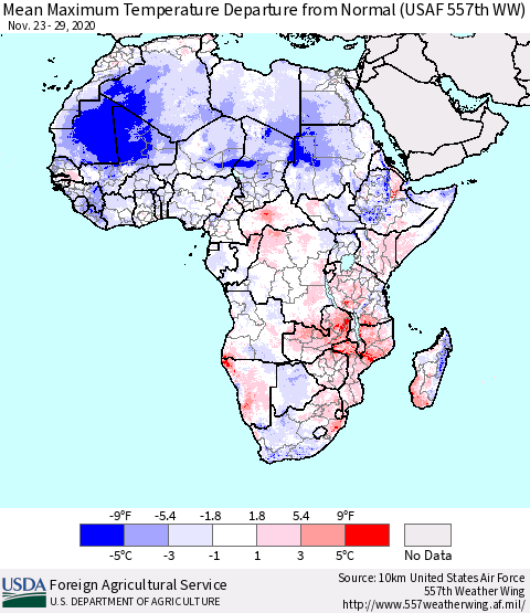 Africa Mean Maximum Temperature Departure from Normal (USAF 557th WW) Thematic Map For 11/23/2020 - 11/29/2020
