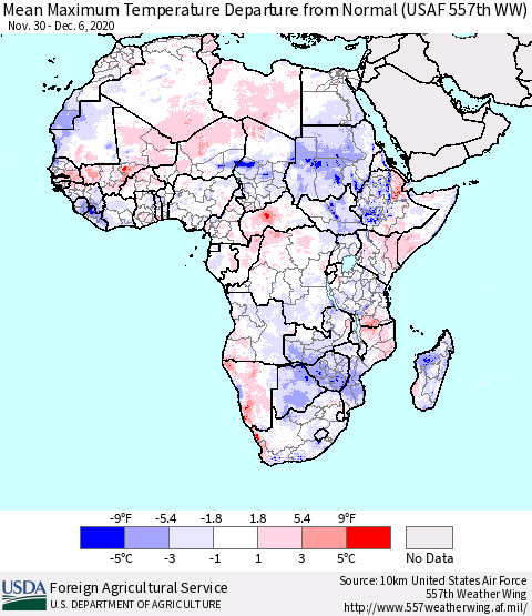 Africa Mean Maximum Temperature Departure from Normal (USAF 557th WW) Thematic Map For 11/30/2020 - 12/6/2020