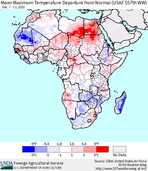 Africa Mean Maximum Temperature Departure from Normal (USAF 557th WW) Thematic Map For 12/7/2020 - 12/13/2020