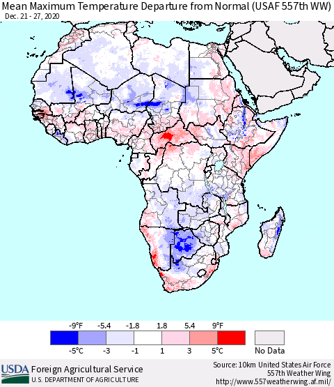 Africa Maximum Temperature Departure From Normal (USAF 557th WW) Thematic Map For 12/21/2020 - 12/27/2020