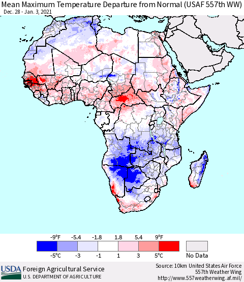 Africa Mean Maximum Temperature Departure from Normal (USAF 557th WW) Thematic Map For 12/28/2020 - 1/3/2021