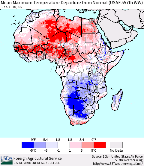Africa Maximum Temperature Departure From Normal (USAF 557th WW) Thematic Map For 1/4/2021 - 1/10/2021