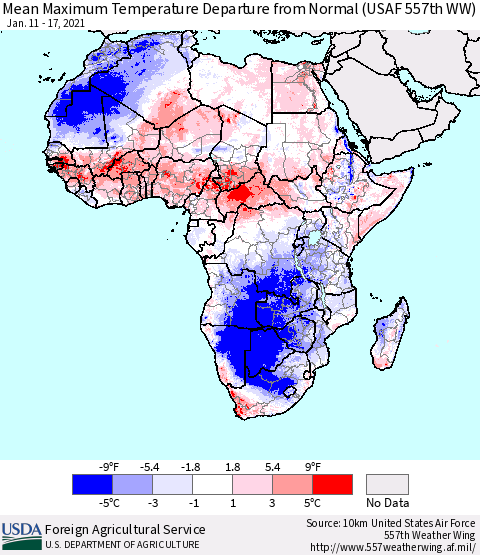 Africa Maximum Temperature Departure From Normal (USAF 557th WW) Thematic Map For 1/11/2021 - 1/17/2021