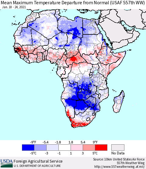 Africa Mean Maximum Temperature Departure from Normal (USAF 557th WW) Thematic Map For 1/18/2021 - 1/24/2021