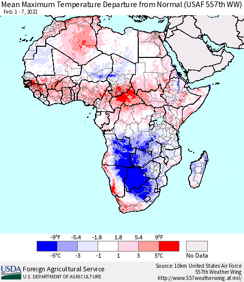 Africa Mean Maximum Temperature Departure from Normal (USAF 557th WW) Thematic Map For 2/1/2021 - 2/7/2021