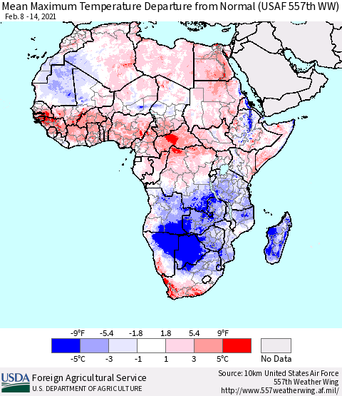 Africa Maximum Temperature Departure From Normal (USAF 557th WW) Thematic Map For 2/8/2021 - 2/14/2021