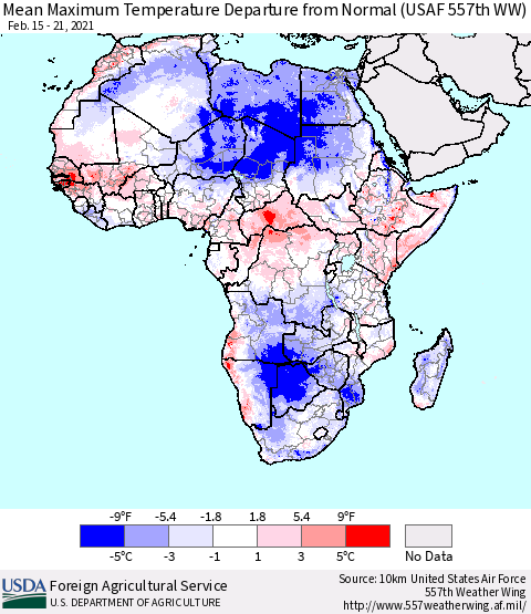 Africa Maximum Temperature Departure From Normal (USAF 557th WW) Thematic Map For 2/15/2021 - 2/21/2021
