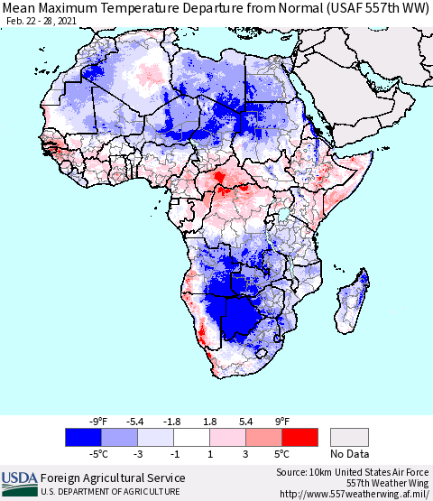 Africa Maximum Temperature Departure From Normal (USAF 557th WW) Thematic Map For 2/22/2021 - 2/28/2021