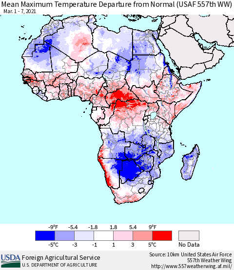 Africa Maximum Temperature Departure From Normal (USAF 557th WW) Thematic Map For 3/1/2021 - 3/7/2021