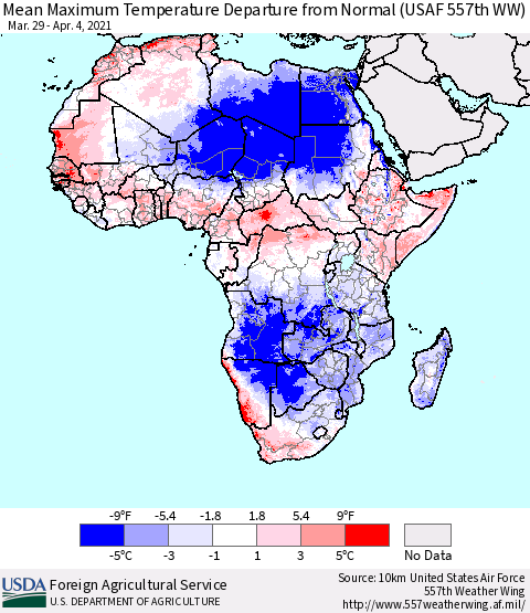 Africa Mean Maximum Temperature Departure from Normal (USAF 557th WW) Thematic Map For 3/29/2021 - 4/4/2021