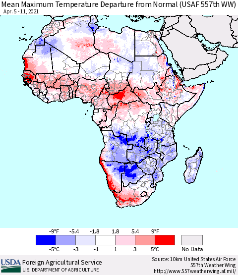 Africa Mean Maximum Temperature Departure from Normal (USAF 557th WW) Thematic Map For 4/5/2021 - 4/11/2021