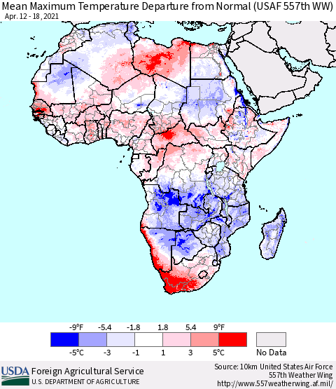 Africa Mean Maximum Temperature Departure from Normal (USAF 557th WW) Thematic Map For 4/12/2021 - 4/18/2021