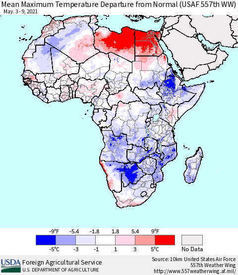 Africa Mean Maximum Temperature Departure from Normal (USAF 557th WW) Thematic Map For 5/3/2021 - 5/9/2021