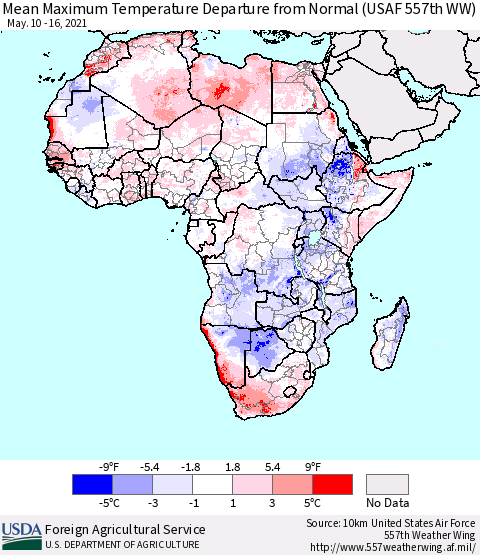 Africa Mean Maximum Temperature Departure from Normal (USAF 557th WW) Thematic Map For 5/10/2021 - 5/16/2021