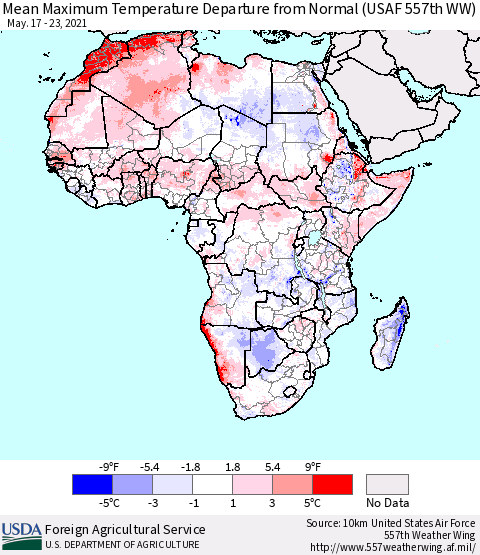 Africa Mean Maximum Temperature Departure from Normal (USAF 557th WW) Thematic Map For 5/17/2021 - 5/23/2021