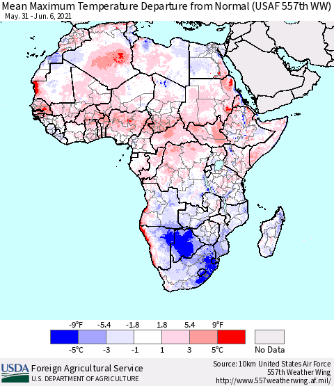 Africa Mean Maximum Temperature Departure from Normal (USAF 557th WW) Thematic Map For 5/31/2021 - 6/6/2021