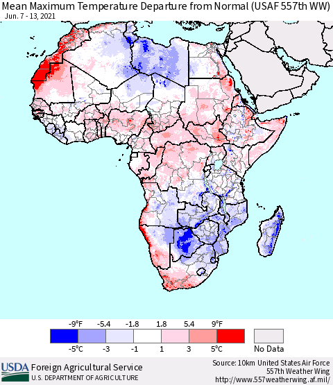 Africa Mean Maximum Temperature Departure from Normal (USAF 557th WW) Thematic Map For 6/7/2021 - 6/13/2021