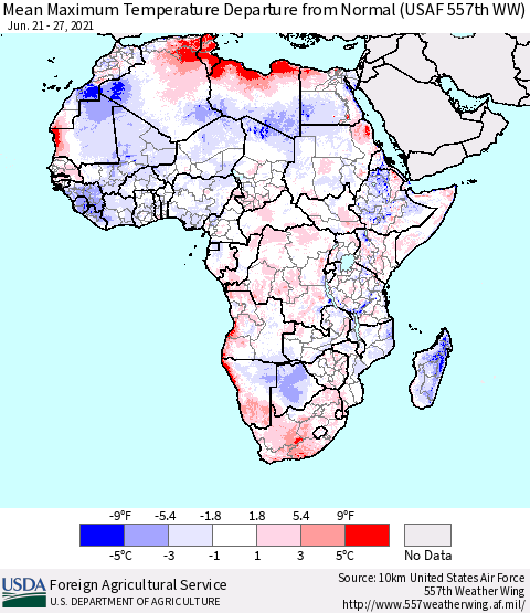Africa Mean Maximum Temperature Departure from Normal (USAF 557th WW) Thematic Map For 6/21/2021 - 6/27/2021