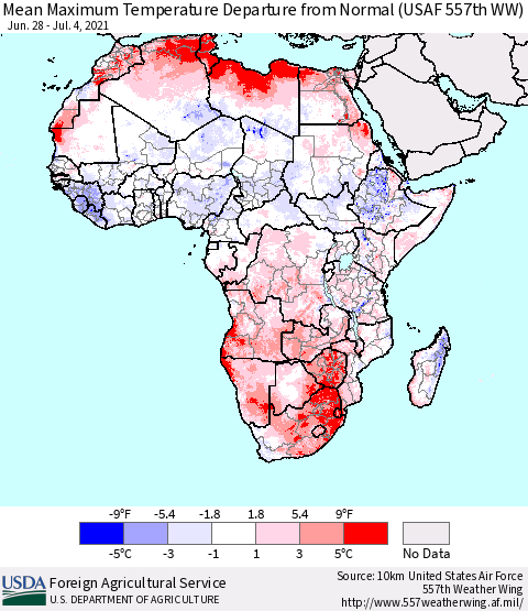Africa Mean Maximum Temperature Departure from Normal (USAF 557th WW) Thematic Map For 6/28/2021 - 7/4/2021