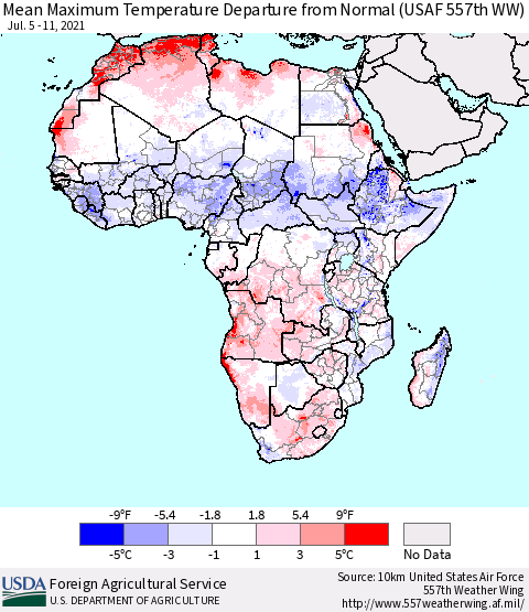 Africa Mean Maximum Temperature Departure from Normal (USAF 557th WW) Thematic Map For 7/5/2021 - 7/11/2021