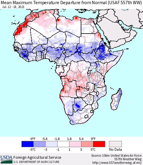 Africa Mean Maximum Temperature Departure from Normal (USAF 557th WW) Thematic Map For 7/12/2021 - 7/18/2021