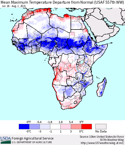 Africa Mean Maximum Temperature Departure from Normal (USAF 557th WW) Thematic Map For 7/26/2021 - 8/1/2021