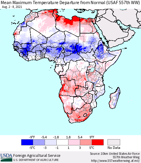 Africa Mean Maximum Temperature Departure from Normal (USAF 557th WW) Thematic Map For 8/2/2021 - 8/8/2021