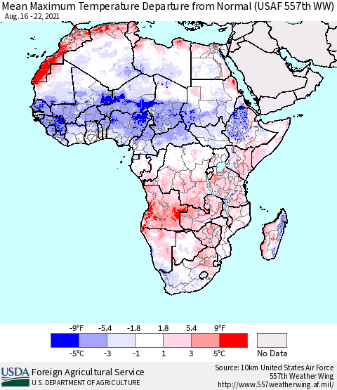 Africa Mean Maximum Temperature Departure from Normal (USAF 557th WW) Thematic Map For 8/16/2021 - 8/22/2021