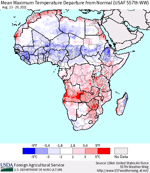 Africa Mean Maximum Temperature Departure from Normal (USAF 557th WW) Thematic Map For 8/23/2021 - 8/29/2021