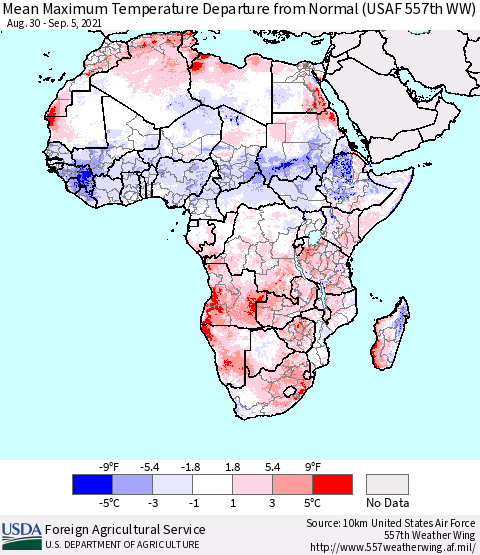 Africa Mean Maximum Temperature Departure from Normal (USAF 557th WW) Thematic Map For 8/30/2021 - 9/5/2021