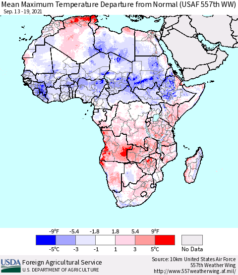 Africa Mean Maximum Temperature Departure from Normal (USAF 557th WW) Thematic Map For 9/13/2021 - 9/19/2021