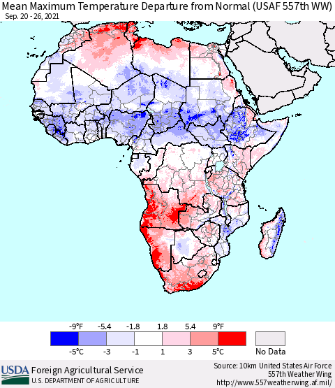 Africa Mean Maximum Temperature Departure from Normal (USAF 557th WW) Thematic Map For 9/20/2021 - 9/26/2021