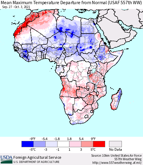 Africa Mean Maximum Temperature Departure from Normal (USAF 557th WW) Thematic Map For 9/27/2021 - 10/3/2021