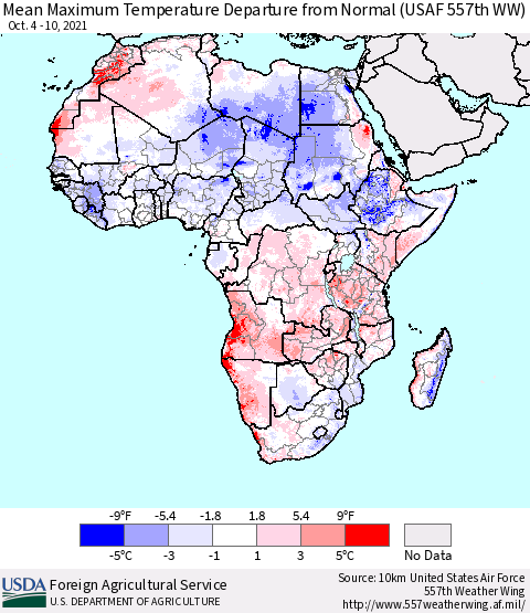 Africa Mean Maximum Temperature Departure from Normal (USAF 557th WW) Thematic Map For 10/4/2021 - 10/10/2021