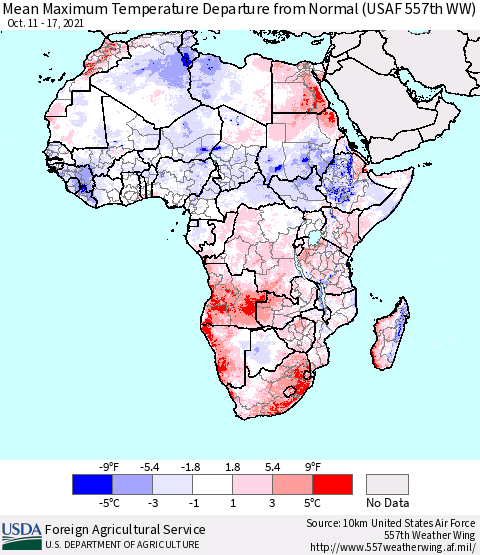 Africa Mean Maximum Temperature Departure from Normal (USAF 557th WW) Thematic Map For 10/11/2021 - 10/17/2021