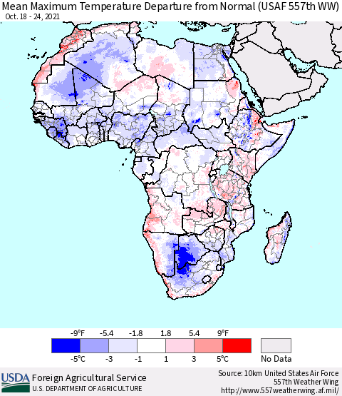 Africa Mean Maximum Temperature Departure from Normal (USAF 557th WW) Thematic Map For 10/18/2021 - 10/24/2021