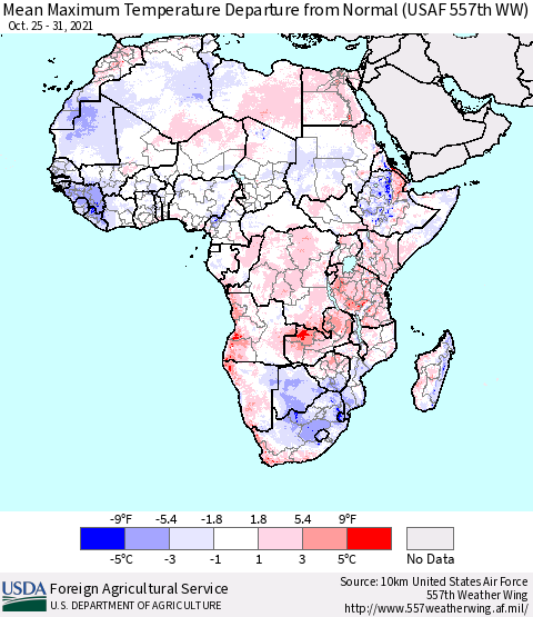 Africa Maximum Temperature Departure From Normal (USAF 557th WW) Thematic Map For 10/25/2021 - 10/31/2021