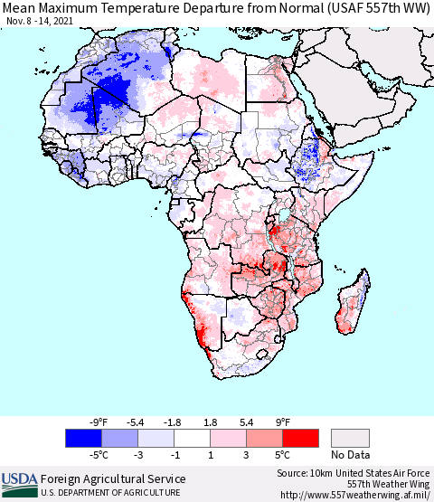 Africa Maximum Temperature Departure From Normal (USAF 557th WW) Thematic Map For 11/8/2021 - 11/14/2021