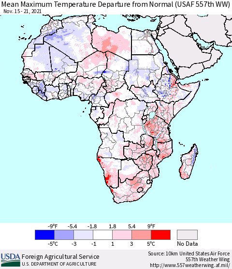Africa Mean Maximum Temperature Departure from Normal (USAF 557th WW) Thematic Map For 11/15/2021 - 11/21/2021