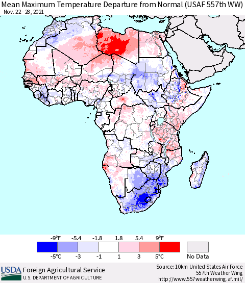Africa Maximum Temperature Departure From Normal (USAF 557th WW) Thematic Map For 11/22/2021 - 11/28/2021