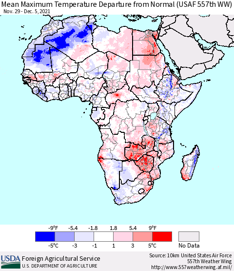 Africa Mean Maximum Temperature Departure from Normal (USAF 557th WW) Thematic Map For 11/29/2021 - 12/5/2021