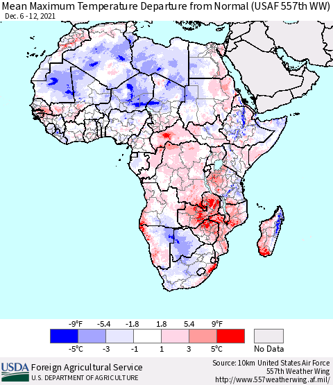 Africa Maximum Temperature Departure From Normal (USAF 557th WW) Thematic Map For 12/6/2021 - 12/12/2021