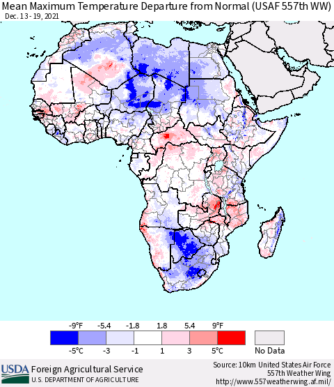 Africa Mean Maximum Temperature Departure from Normal (USAF 557th WW) Thematic Map For 12/13/2021 - 12/19/2021