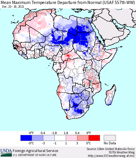 Africa Mean Maximum Temperature Departure from Normal (USAF 557th WW) Thematic Map For 12/20/2021 - 12/26/2021