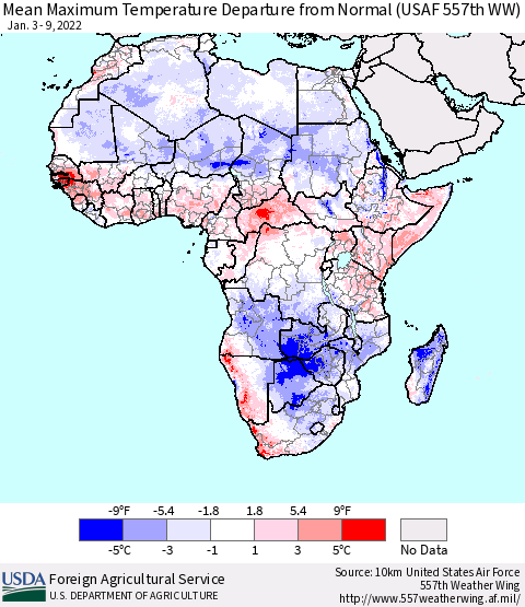 Africa Maximum Temperature Departure From Normal (USAF 557th WW) Thematic Map For 1/3/2022 - 1/9/2022